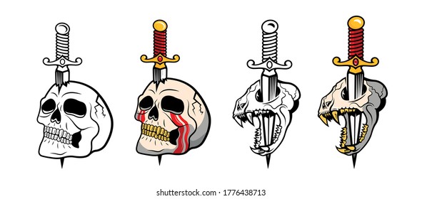 Vector illustration of spooky humans and animal skulls with knives and swords. Skeletons on a white background. Modern prints for t-shirts in color, and black and white style. Template for any design.