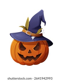 Vector illustration of a spooky jack-o'-lantern wearing a witch hat with leaves and bones, isolated on white background. Perfect for Halloween, party decor, and themed designs