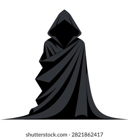 Vector illustration of a spooky mysterious figure wrapped in a dark black hooded cloak, featuring shadow face and long draped robe folds, isolated on a white background, perfect for Halloween party posters, horror graphics, mystery book covers, stickers, t-shirt prints, and gothic designs.