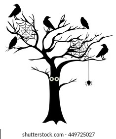 Vector Illustration Of A Spooky Tree With Crows And Spider Webs