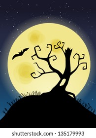 Vector illustration of spooky tree silhouette over big full moon