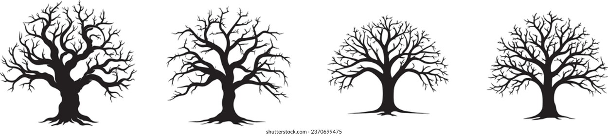 Vector Illustration of Spooky Trees and Leafless Branches for Haunted Halloween, Featuring a Dead Tree Silhouette