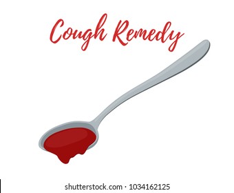 Vector illustration of spoon with cough remedy, liquid medicine. Treatment of flu, illness, disease. Made in cartoon flat style