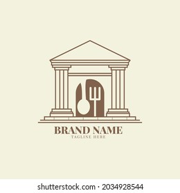 Vector illustration, spoon and fork in front of justice building icon logo restaurant