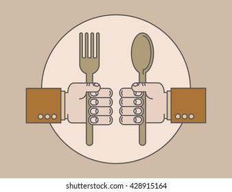 Vector illustration of spoon and fork, spoon in hand, fork in hand, button, logo, advertising, illustration on a light background, hand, sleeve, jacket, line, sketch