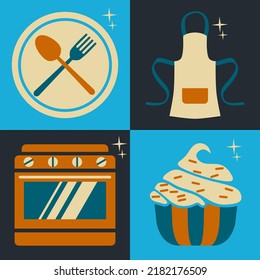 vector illustration of spoon, fork, plate, apron, stove, and cupcake with flat design art style.