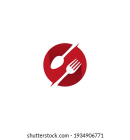 vector illustration of spoon and fork in a red circle for icons, symbols and logos of restaurants, canteens, cafes and other eating places