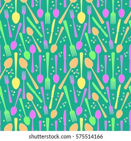 Vector illustration with a spoon, knife fork and circle  isolated on background. Seamless cutlery pattern.