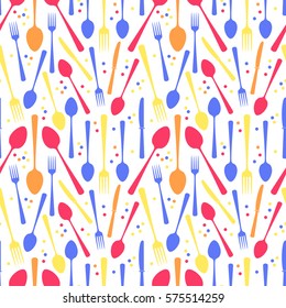 Vector illustration with a spoon, knife fork and circle  isolated on background. Seamless cutlery pattern.