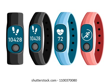 Vector illustration of sport accessories. Collection of smart band. Flat cartoon wristband with running activity steps counter and heartbeat pulse meter. Sport bracelet with button.