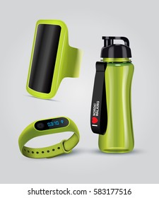 Vector illustration of sport accessories. Realistic illustration of sport holder for smartphone, fitness Smart Watch and water bottle.