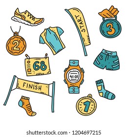 Vector illustration of sport accessories for run: clothes, sock, shorts, running shoe, watch, number, start, finish, ribbon, gaiter. Running equipment. 