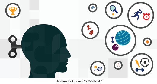 Vector Illustration Of Sport Activities And Head With Clockwork Key For Brain Boost By Fitness