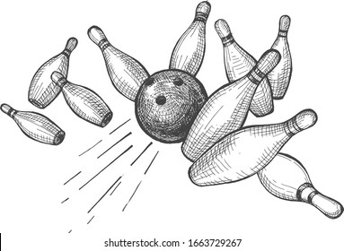 Vector illustration of sport bowling game. Ball knocking out all ten pins skittles making strike. Vintage hand drawn style.