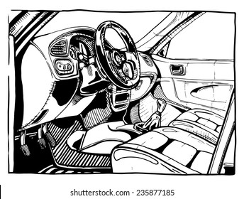 Vector illustration sport  car interior stylized as engraving  View from the opened door  