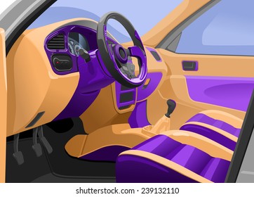 Vector illustration of a sport  car interior. View from the opened door