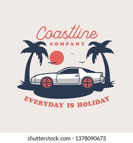 Vector illustration sport car on the theme of surfing in California Beach City. vintage illustration, emblem, vector, palm trees, surfer