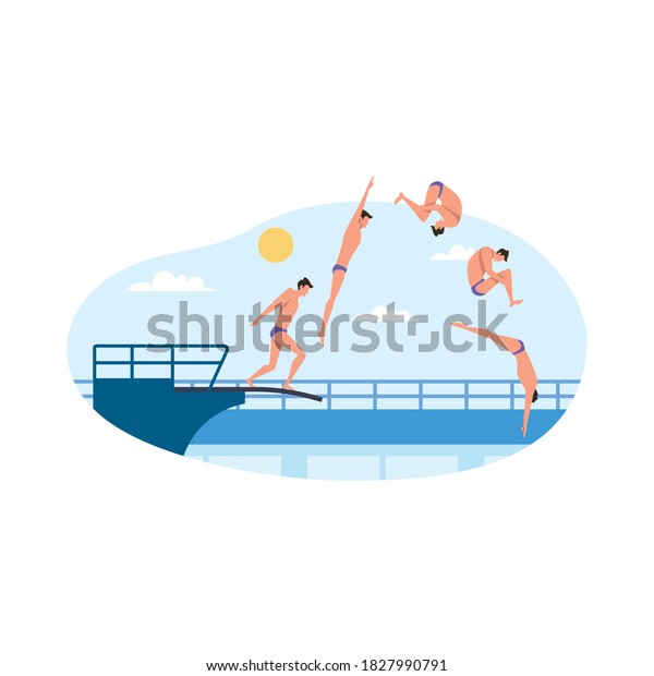 Vector illustration of sport\
championship. Standing on diving board, preparing to beautiful jump\
and dive. Professional athlete. For sport competition\
series