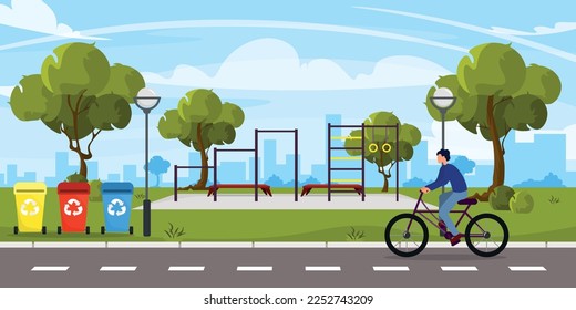 Vector illustration of a sport childrens playground. Cartoon urban buildings with horizontal bars, stairs, gymnastic rings, trash cans, man on bike, lanterns, trees and the city in the background.