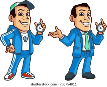 Vector Illustration of Sport Coach and Businessman Carrying Stop watch Cartoon Mascot