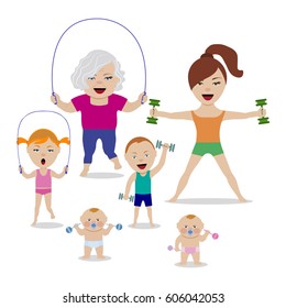 Vector illustration of sport family with dumbbells and skipping rope