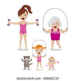 Vector illustration of sport family with dumbbells and skipping rope