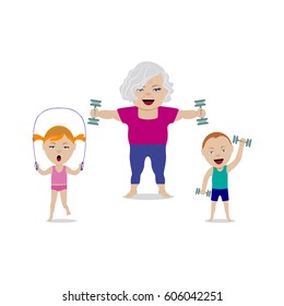 Vector illustration of sport family, grandmother and grandchildren