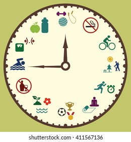 vector illustration / sport and fitness concept / healthy lifestyle clock / daily activities distribution 