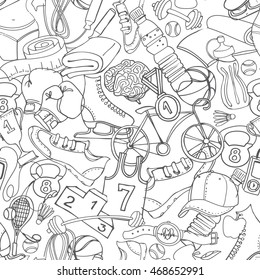 Vector illustration  Sport  fitness training background seamless hand drawn doodle style design pattern. Winter, summer and gym sport objects