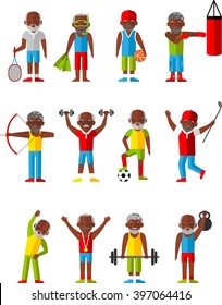 
Vector illustration sport healthy leisure old african american man.
Lifestyle icons set with adults people playing sports, yoga and fitness.