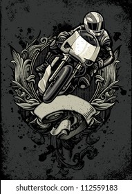 Vector Illustration Of A Sport Motorcycle Rider Racing Over An Ornate Heraldry Crest With Blank Banner On A Distressed Background With A Grunge And Paint Splatter Texture Mix