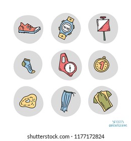 Vector illustration of sport orienteering isolated elements: control point, compass, card, map, clothes, shoe, finish, plant, watch, shirt, medal, gaiter, distance. Orientation, navigation equipment.