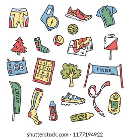 Vector illustration of sport orienteering isolated elements: control point, compass, card, map, clothes, shoe, finish, plant, watch, shirt, medal, gaiter, distance. Orientation, navigation equipment.