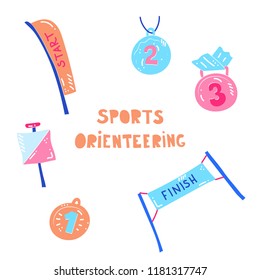 Vector illustration of sport orienteering isolated elements:  control point, medal, start, finish banners. Orientation, navigation equipment.