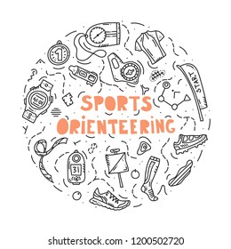 Vector illustration of sport orienteering isolated elements: control point, compass, card, map, clothes, shoe, finish, plant, watch, shirt, medal, gaiter, distance. Orientation, navigation equipment.