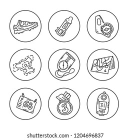 Vector illustration of sport orienteering isolated elements: control point, compass, card, map, clothes, shoe, finish, plant, watch, shirt, medal, gaiter, distance. Orientation, navigation equipment.