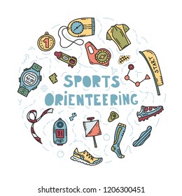 Vector illustration of sport orienteering isolated elements: control point, compass, card, map, clothes, shoe, finish, plant, watch, shirt, medal, gaiter, distance. Orientation, navigation equipment.