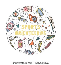 Vector illustration of sport orienteering isolated elements: control point, compass, card, map, clothes, shoe, finish, plant, watch, shirt, medal, gaiter, distance. Orientation, navigation equipment.