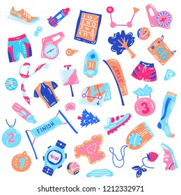 Vector illustration of sport orienteering isolated elements: control point, compass, card, map, clothes, shoe, finish, plant, watch, shirt, medal, gaiter, distance. Orientation, navigation equipment.