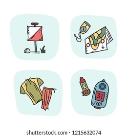 Vector illustration of sport orienteering isolated elements: control point, compass, card, map, clothes, t shirt, gaiter, sport ident. Orientation, navigation equipment.