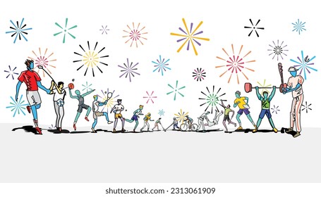 Vector illustration of sport players in different activities football, basketball, baseball, tennis, rugby, golf. on colorful fireworks background.Trendy doodle art and abstract cartoon character