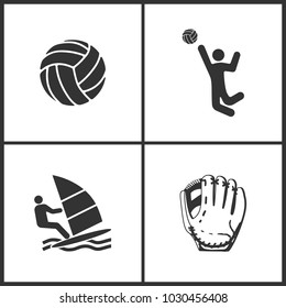 Vector Illustration of Sport Set Icons. Elements of Ball, Volleyball, Windsurfing and Baseball glove  icon on white background