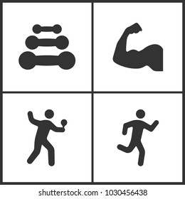 Vector Illustration of Sport Set Icons. Elements of Dumbbell, Muscle arm, Table tennis player and Running man icon on white background