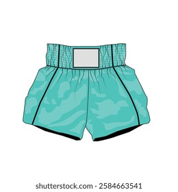 Vector illustration of sport shorts for mai tai boxing, turquoise color. Sketch of short shorts on wide elastic waistband, unisex. Polyester athletic shorts template for running, gym, fitness.