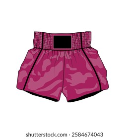 Vector illustration of sport shorts for mai tai boxing, pink color. Sketch of short, wide shorts on elastic waistband, unisex. Template athletic shorts made of nylon for running, gym, fitness.