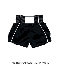 Vector illustration of sport shorts for mai tai boxing, black color. Sketch of short, wide shorts on elastic waistband, unisex. Template athletic shorts made of nylon for running, gym, fitness.