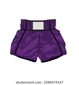 Vector illustration of sport shorts for mai tai boxing, purple color. Sketch of short, wide shorts on elastic waistband, unisex. Template athletic shorts made of nylon for running, gym, fitness.