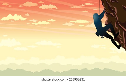 Vector illustration of sport - silhouette of rock climber on a sunset sky background.