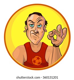 Vector illustration of a sport trainer showing OK sign. Made in comic cartoon style.