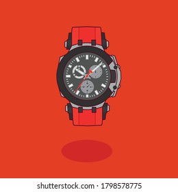 Vector illustration of a sport watch for men with red belt and black display.